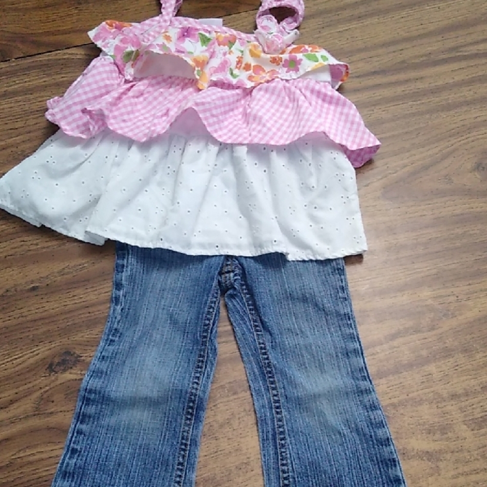 🩷 Pink Floral Ruffle Top with Blue Jeans Girls Size 4